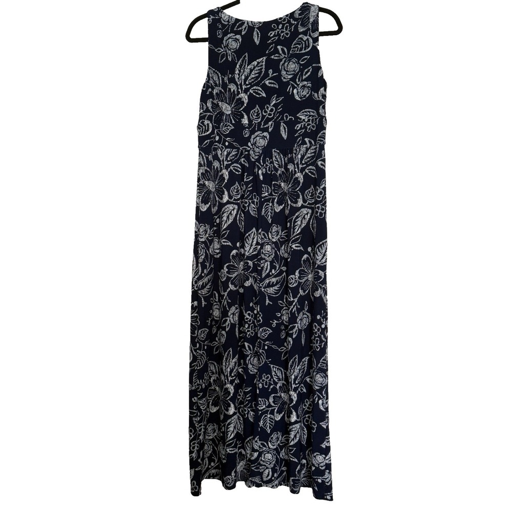 Chaps Maxi Dress Womens Large Navy Blue Floral Faux Wrap V-Neck Sleeveless - Picture 4 of 11